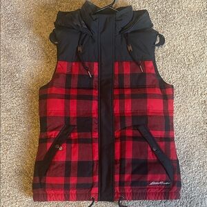 Eddie Bauer Red & Black Plaid Hooded Puffer Vest